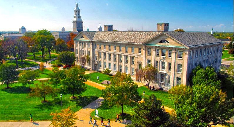 Wide shot of UB's Crosby Hall with Hayes Hall in the background. [credit: Davidhar, via Wikimedia Commons]