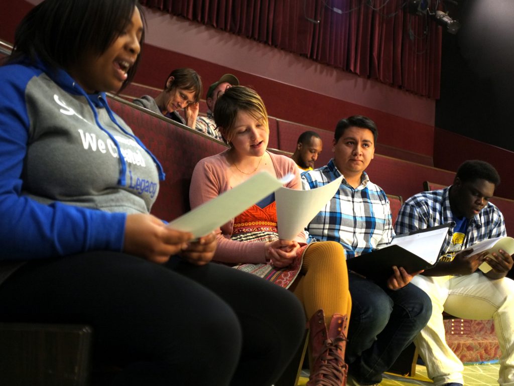 From left, Alazsha Donerson, Layla Meillier, Latroy Childress, and Colin Edward rehearse at Flint Youth Theatre for "The Most [Blank] City in America," a play about Flint, Michigan.