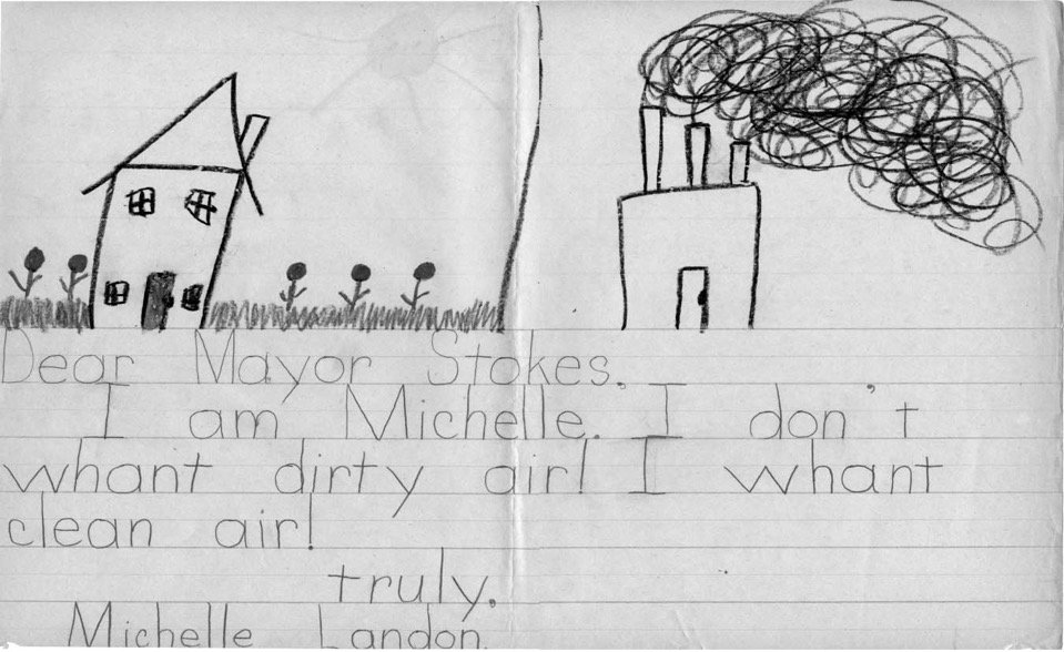 Many of the suburban children who wrote to Mayor Stokes complained about pollution as an urban phenomenon. The first-grader Michelle Landon used green and black crayons to contrast her beautiful middle-class home in Lyndhurst with the heavily polluted environment of Cleveland. Carl Stokes Papers, container 75, folder 1435. Courtesy of Western Reserve Historical Society.